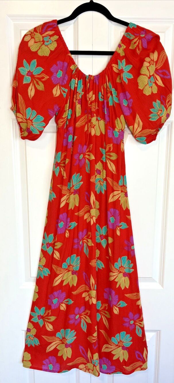 Billabong Red Poppy Dress Small Midi Floral Boho Cottage Smocked Puff Sleeve